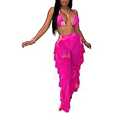 Women 2 Piece Outfits Bikini Swimsuit - Sexy See Through Mesh Crop Top Ruffle Long Pant Jumpsuits Beach Cover Up