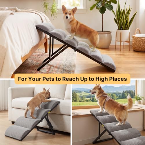 Veehoo Dog Ramp for Small to Large Dog, Foldable Pet Ramp for High Bed Couch, 5 Adjustable Height from 43cm to 59cm, Doggy Steps Cat Stairs with Non-Slip Pad and Metal Frame, Up to 130lbs