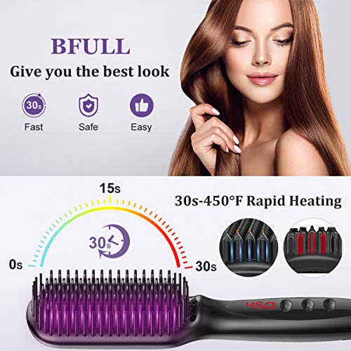 Hair Straightener Brush BFULL Anti-Scald Ionic Hair Straightening Brush Comb with LCD Display 12-Temp Settings 30s Fast Ceramic Heating, Perfect for Styling Hair/Beard