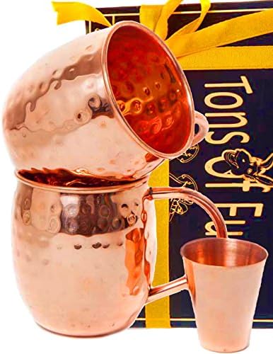 Moscow Mule Pure Copper Mug Set - Heavy Mugs- Each Mugs Weighs 1/2 lb - 16oz capacity. Bonus Copper Shot Glass with E-book. Tons Of Fun Gift Set of 2 Mugs