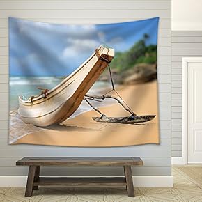 Fishing Boats Resting on Empty Beach in Sri Lanka - Fabric Wall Tapestry Home Decor - 51x60 inches