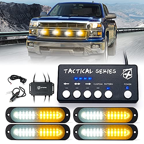 Xprite LED Surface Mount Strobe Lights Kit, White Amber Grill Grille Emergency Warning Marker Flashing Light with Control Box for Trucks Vehicles ATV RV Cars Van - 4PCS