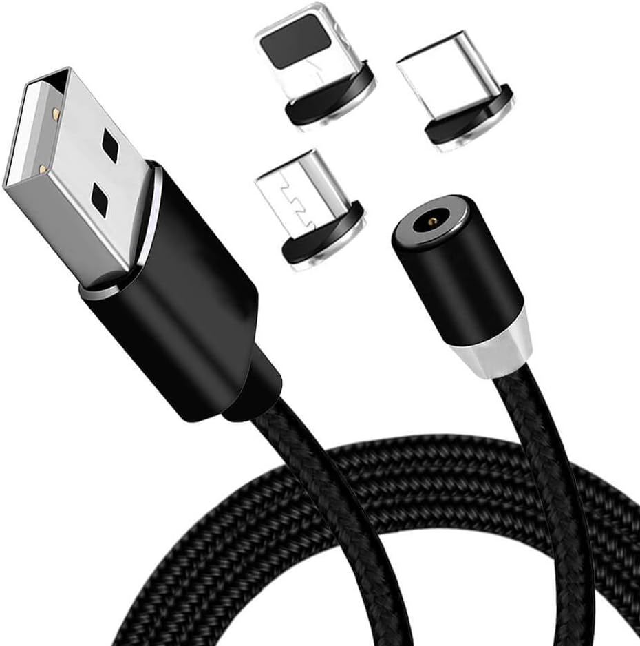 dethinton Magnetic Charging Cable Round 3.3ft USB to iOS, USB-C and Micro USB Magnetic 3 in 1 Cable Compatible with Android Samsung S6,S7,S8,LG,HTC,Huawei, Phone X 8 7 6 5 All Phone Devices-Black