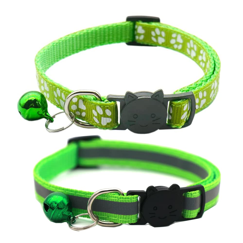 Hepplly 2-Pack Cat Collars Quick Release Reflective Kitten Collar with Bell (Light Green)