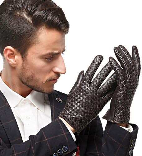 Nappaglo Men's Genuine Nappa Leather Gloves Touchscreen Hand-knitted Winter Warm Driving Cycling Mittens