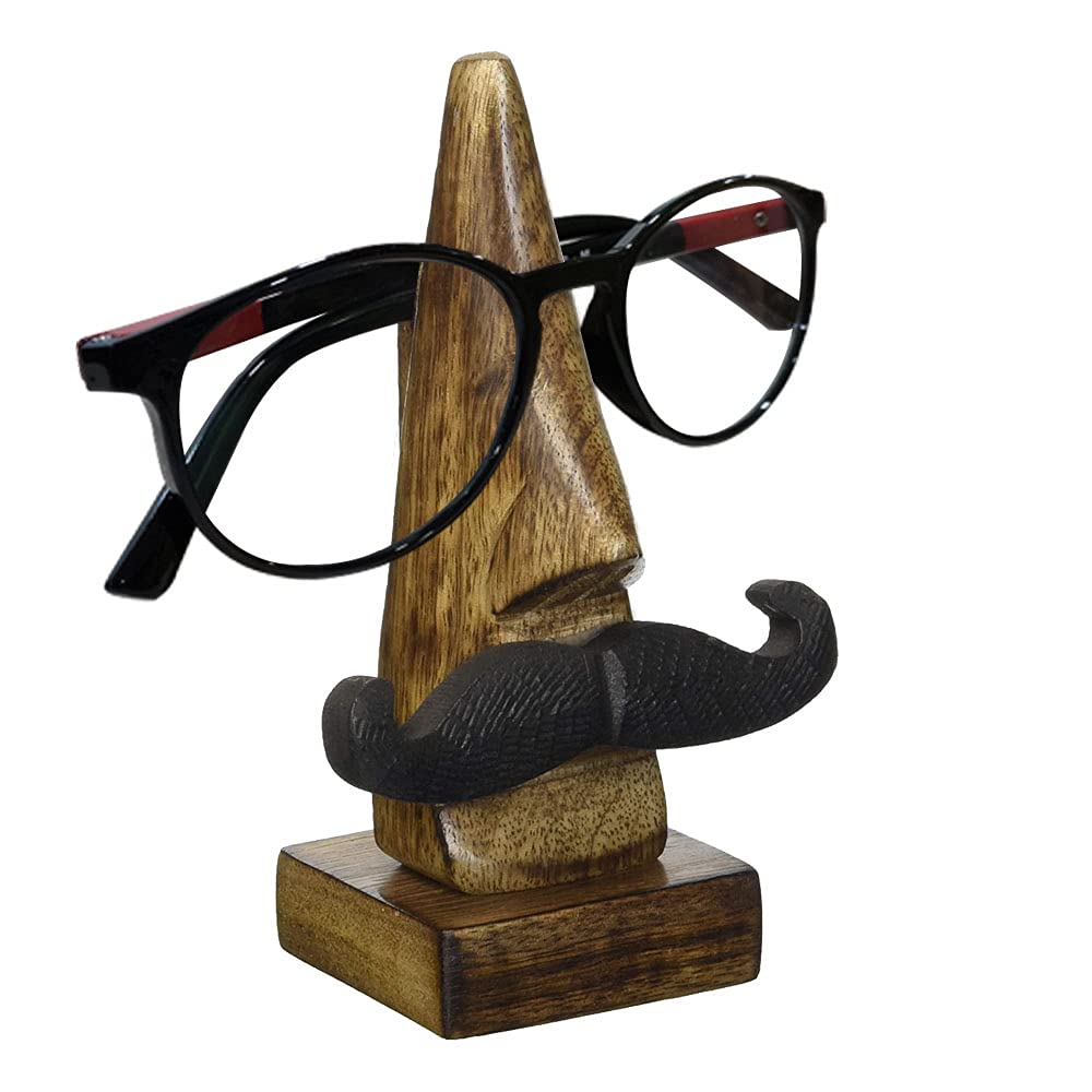 Photo 1 of Handmade 6.8" Wooden Eyeglass Spectacle Holder with an Amusing Mustache, Sunglass Holder for Home and Office Desk Décor