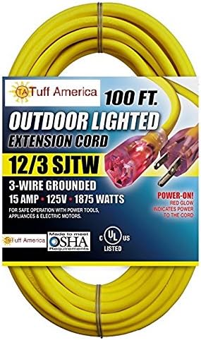 Heavy Duty 12/3 SJTW 100ft Long Electrical Appliance Power Extension Lighted Plug Yellow Cord By Tuff America
