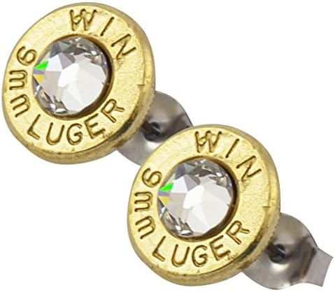 Little Black Gun 9mm Bullet Shell Stud Earrings, Thin Brass and Clear Swarovski Crystal