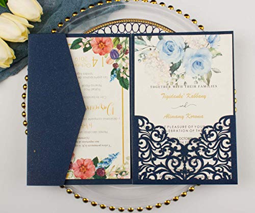 1set 5x7 inch 250gsm Navy Blue Laser Cut Hollow Vine tri fold Pocket Wedding Invitations Cards with Envelopes for Wedding Bridal Shower Invites