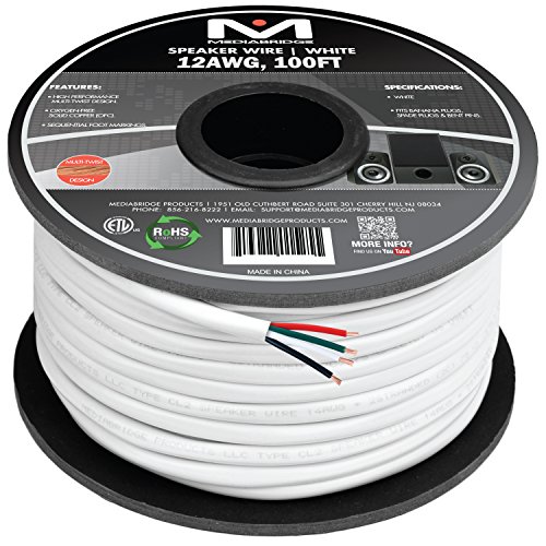 Mediabridge 12AWG 4-Conductor Speaker Wire (100 Feet, White) - 99.9% Oxygen Free Copper - ETL Listed & CL2 Rated for in-Wall Use (Part# SW-12X4-100-WH)