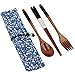 Startostar 5-piece Portable Natural Wooden Tableware Set with Travel Pouch for Dining or Camping (Fork, Spoon, and Chopsticks)