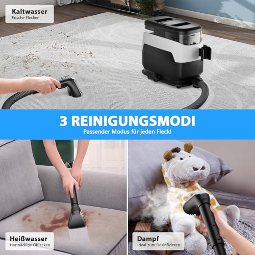 Steam Cleaner 1650 W Upholstery Cleaner Device Wet Vacuum Cleaner with Strong Suction Power, 1250 ml Water Tank, High Temperature Steam Carpet Cleaner for Carpet, Sofa, Curtains, Upholstery, Car Seat