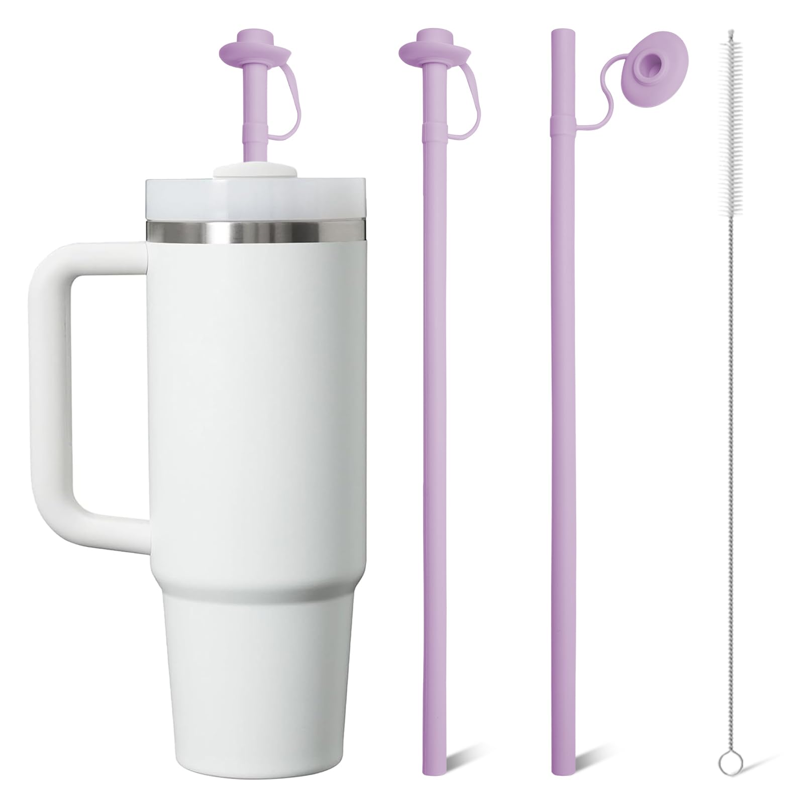 Photo 1 of 2 Pack Reusable Silicone Straws with Cover, Bite-Safe, 12”Long Collapsible Drinking Straws for Stanley Owala Cups, Tumblers & Travel – Trim to Fit Any Cup (Purple)