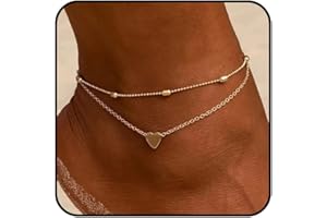 RRDAILY Charm Gold Layered Heart Anklets for Women Teen Girls, Dainty Adjustable Beaded Anklet Minimalist Foot Jewelry