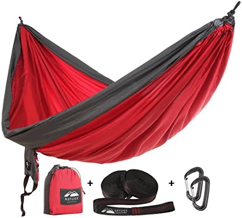 Double Camping Hammock with FREE Hammock Straps for Tree and 2000 lb Carabiners for Camping, Hiking, Highlining with by Refuge Outfitters—Startup with a Mission to Give Back!