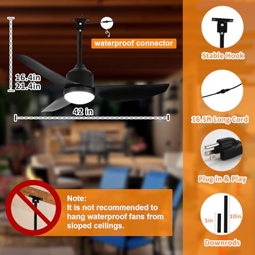 Depuley Outdoor Ceiling Fan with Light: 42 Inch Black Waterproof Gazebo Fans with Lights Outdoor Hanging - Plug in Remote App Control for Patios Indoor Farmhouse Porch - 6 Speed Reversible DC Motor