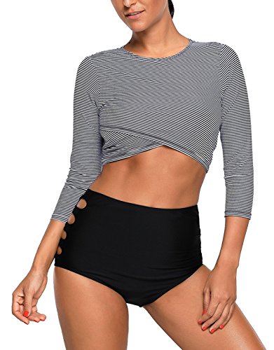 Dearlove Women 3/4 Sleeve Striped Swim Crop Top High Waist Tankini Set Two Piece Swimsuit Swimwear With Black Shorts L 12 14