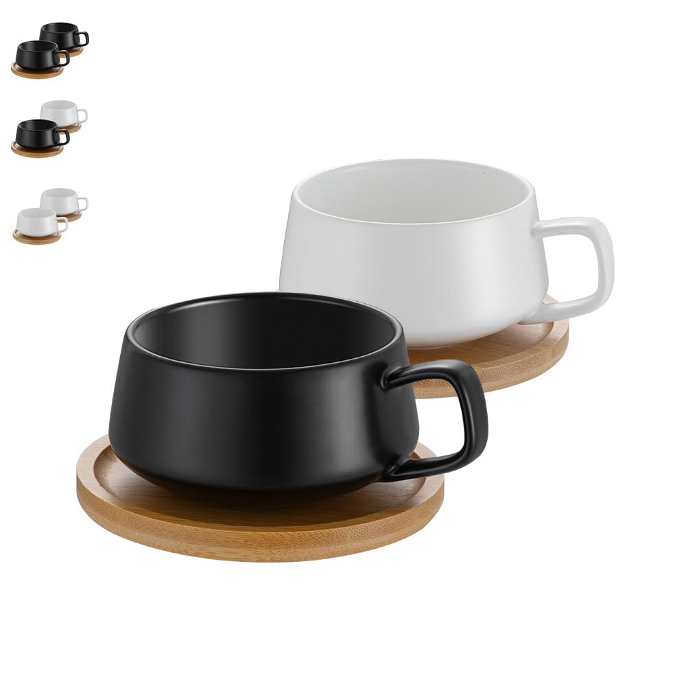 TELANKS Set of 2 Cappuccino Cups with Saucer, 300 ml Coffee Cups, Espresso Cups Made of Stoneware for Tea, Coffee, Cappuccino, Coffee Mug with Wooden Disc, Black and White