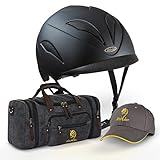 Altshuler Black Equestrian Horse Riding Helmet: Low Profile Adjustable Size with Mesh-Covered Air Vents, CE VG1 Certified with Canvas Sports Bag, and Baseball Cap