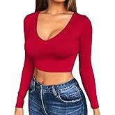 Artfish Women's Long Sleeve Scoop V Neck Crop Top