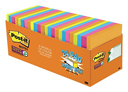 Post-it Super Sticky Notes, 3 in x 3 in, Rio de Janeiro Collection, 24 Pads, 70 Sheets/Pad, Cabinet Pack (654-24SSAU-CP)