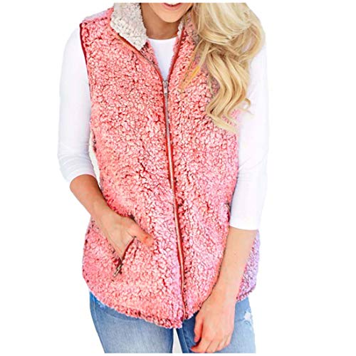 DaoAg Womens Solid Color Vest Winter Warm Outwear Casual Faux Fur Zip Up Sherpa Jacket with Pocket (Pink, M) - Thumbnail 7