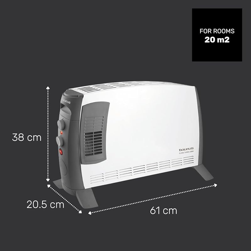 – Radiador convector Clima Turbo 2000 | 2000W | 3 intensidades de calor + Turbo | Termostato Ajustable | Superficies hasta 20m² | Patas incluidas | Asa de transporte