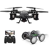FPV RC Drone with Camera Live Video，Rolytoy 2 in 1 Remote Control Car and App Wifi Mini Quadcopter for Kids with LED Light, 720P HD Camera, 3D Flips, Headless Mode