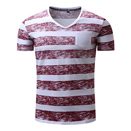 NREALY Men Striping Casual Button Letter Pullover Short Sleeve T-shirt Top Blouse Vest(Large, Red)