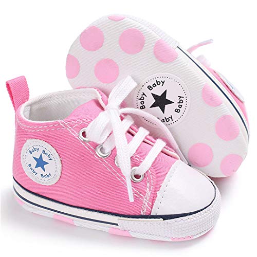 Baby Boy Shoes Canvas Soft Sole Newborn High Top Toddler Sneakers Infant Shoes for Baby Girls（11cm，0-6months,A-Pink - Thumbnail 2