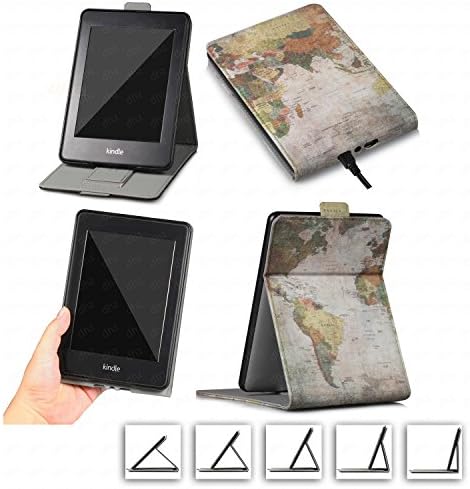 DHZ Multi-Viewing Case for Kindle Paperwhite - PU Leather Vertical Stand Flip Cover with Hand Belt Card Slot Auto Sleep/Wake for Amazon Paperwhite(All 2012 2013 2014 2015 2016 Versions),World Map
