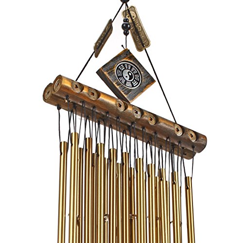 Ylyycc double row 20pieces metal tube wind chime wooden top coin decoration wind chime - Thumbnail 3