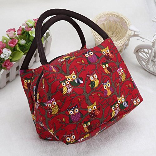 Insulated Adult Lunch Bag,Thenlian Owl Thermal Insulated Tote Picnic Lunch Cool Bag Cooler Box Handbag Pouch with Strap for Men Women Kids (Red)