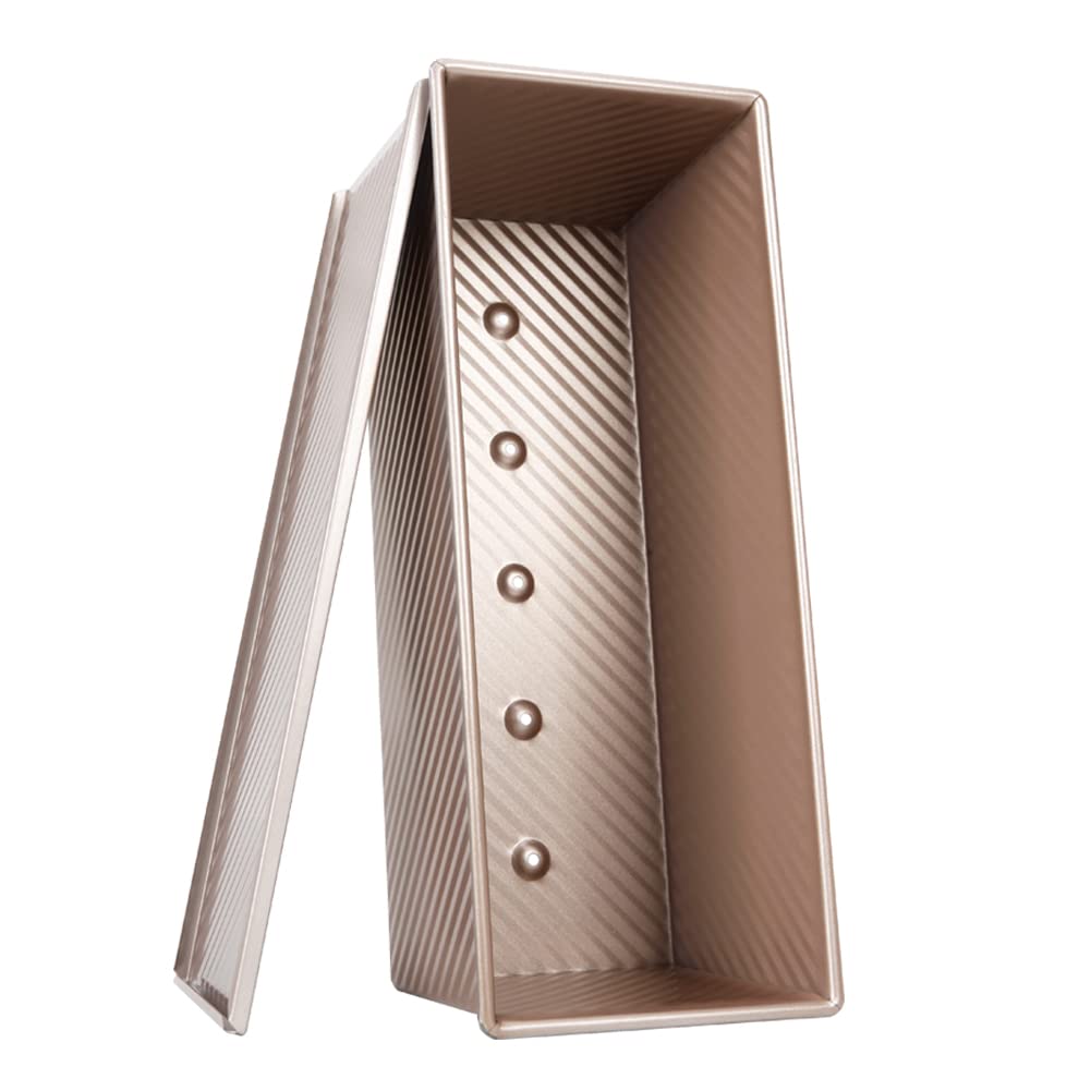 CANDeal Grand Size Loaf Pan with Cover/Bread Baking Mould Cake Toast/Non-Stick Toast Box with Lid for 1000g Dough, Vented Hole for Rapid Baking, Commercial Use (Gold, Wavy Style)