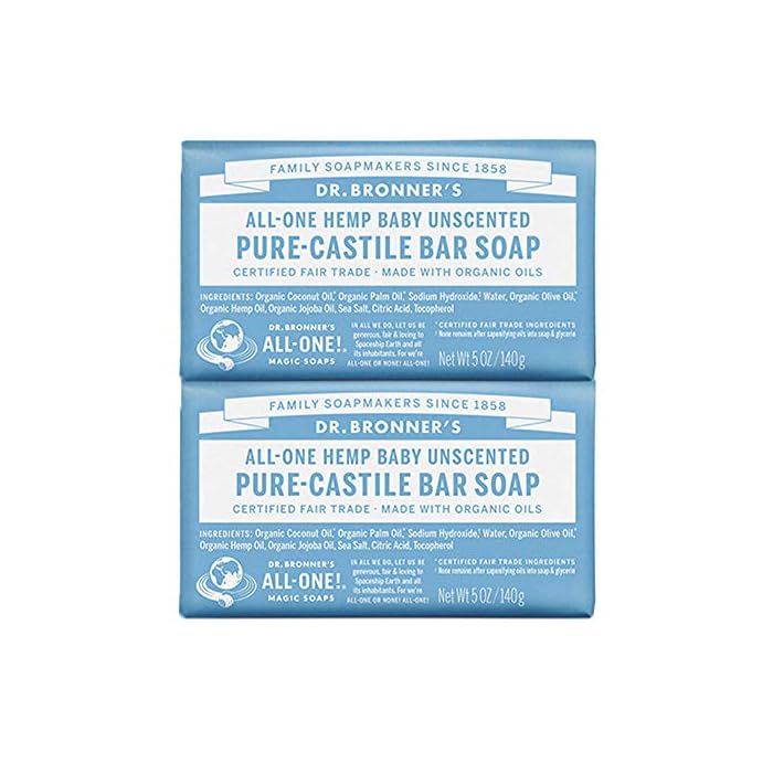 Dr. Bronner’s - Pure-Castile Bar Soap (Baby Unscented, 5 ounce, 2-pack) - Made with Organic Oils, For Face, Body, Hair…