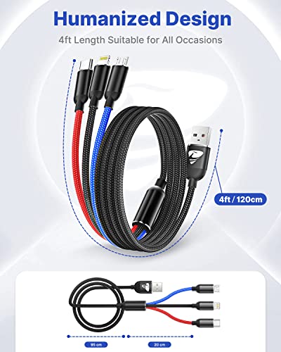 Aioneus 4ft 3-in-1 Multi Charging Cable, USB Type C, Micro USB, Lightning, Fast Charging, Compatible with iPhone 13/12/11, Samsung Galaxy S21/S20/S10/S9/S8/S7, Android Devices