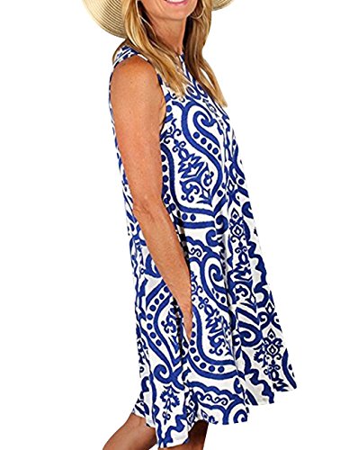 Womens Crew Neck Printed Sleeveless Casual Tunic Tops Summer Swing Tee Shirt Dress with Pockets (Blue, XXL)