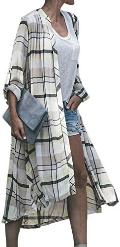 Women's Lightweight Long Cardigan Casual Plaid Print Open Front Kimono Outwear