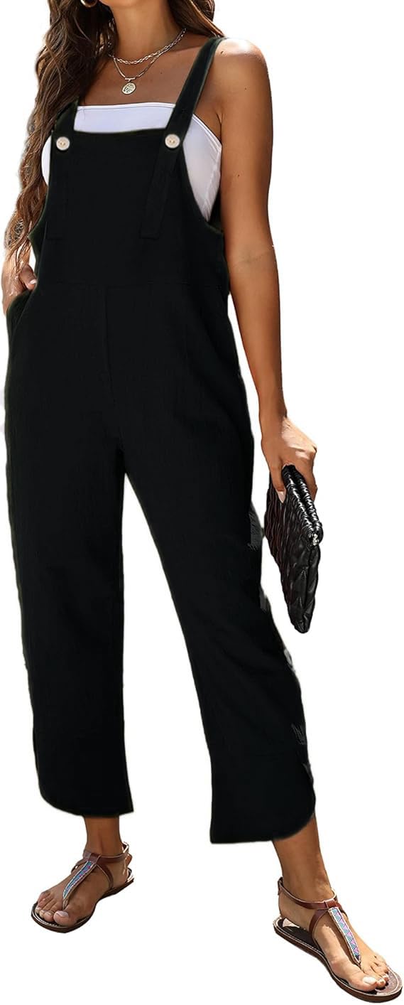 Photo 1 of AMEBELLE Women's Sleeveless Cotton Linen Overalls Rompers Baggy Wide Leg Jumpsuits(1450-Black-L)