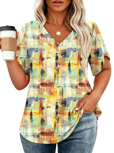 Plus Size Summer Tops for Women Boho Short Sleeve Dressy Casual V-Neck Blouse - Chic 2026 Summer Fashion Shirt for Women PT02 3XL at Amazon