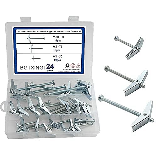BGTXINGI 24Pcs Zinc Plated Carbon Steel Round Head Toggle Bolt and Wing Nuts Assortment Kit M4 M5 M6 for Hanging Heavy Items on Drywall