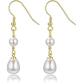 925 Sterling Silver Pearl Earrings,14K Gold Plated Dainty Pearl Drop Simple Wedding CZ Dangle Dangling Cute Stud Earrings for Brides Earrings for Women Gifts Wedding Pearls Earring Formal Jewelry