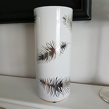 Chic White Ceramic Tall Vase With Silver Feathers Amazon Co Uk