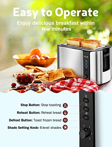 HoLife 4 Slice Long Slot Toaster Best Rated Prime, Stainless Steel Bread Toasters with Warming Rack, 6 Bread Shade Settings, Defrost/Reheat/Cancel Function, Extra Wide Slots, Removable Crumb Tray