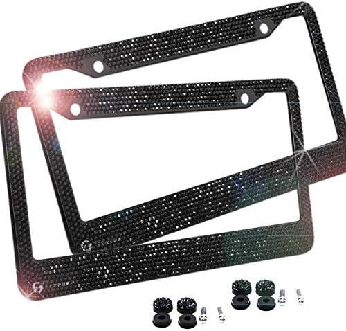 ZONETECHShiny Bling Rhinestone License Plate Frame - 2-Pack Premium Quality Classic Black Stainless Steel Weather Proof Sparkling Crystal Bling Novelty/License Plate Frame with Mounting Screws