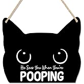 Christmas Black Cat Bathroom Decorations, Funny Black Cat Decor, He Sees You When You're Pooping Sign Unique Bathroom decor Wood Hanging for Home Office 12 x 10 Inch