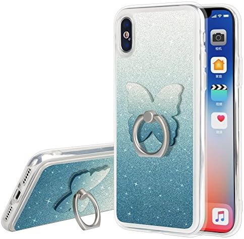 iPhone X Bling Case, Fashion Pretty Glitter Sparkle Soft Rubber TPU Anti-Slip Protective Case with Butterfly Shape Cell Phone Ring Holder for iPhone X/10