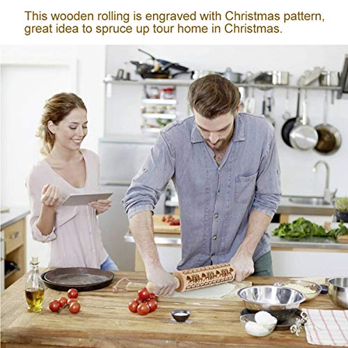 Christmas Embossing Rolling Pin Cookies Decorating Embossed Rollers Pins with Engraved Christmas Snowflakes and Deer Pattern for Baking Dough, Pie, Cookie, Fondant, Pastry, Biscuit (43X5 CM)