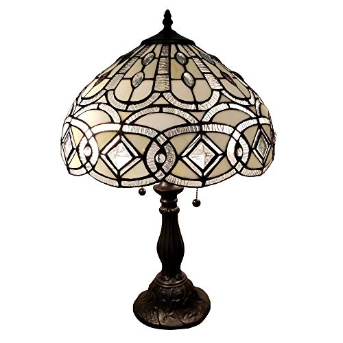Tiffany Style Table Lamp Banker 21" Tall Stained Glass White Grey Tan