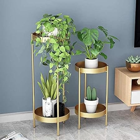 S.F.Decor Flower Antique Metal Plant Stand Planter | Set of 2 | Size: Large-31 INCH, Medium-26 INCH (Gold)
